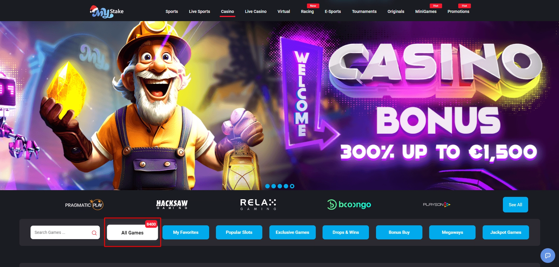 Overview of MyStake casino homepage featuring over eight thousand games and bonus.